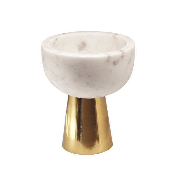 SMALL WHITE MARBLE BOWL WITH BRASS BASE