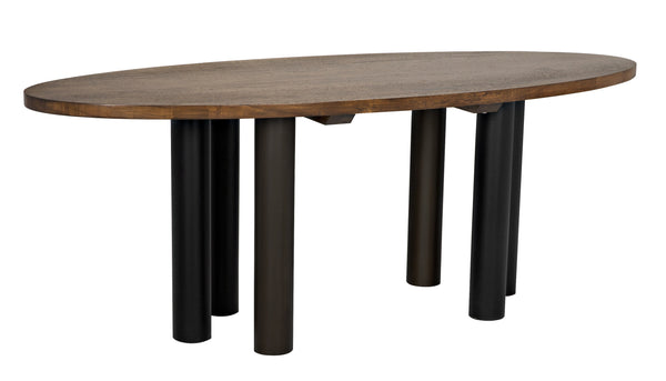 Journal Oval Dining Table, Dark Walnut with Black & Aged Brass Steel Base