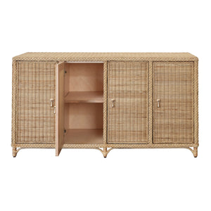 FOUR DOOR BUFFET IN FULLY WRAPPED RATTAN WITH SATIN BRASS PULLS