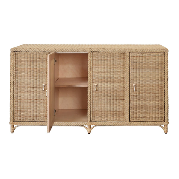 FOUR DOOR BUFFET IN FULLY WRAPPED RATTAN WITH SATIN BRASS PULLS