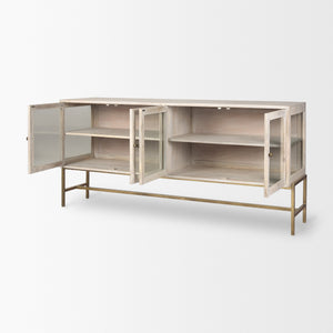 Arelius 70L x 18W x 32H White Wood W/ Gold Metal Base 4 Door Glass Cabinet Sideboard