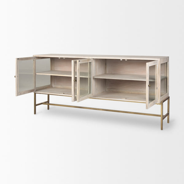 Arelius 70L x 18W x 32H White Wood W/ Gold Metal Base 4 Door Glass Cabinet Sideboard