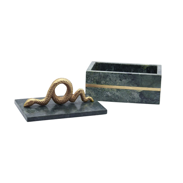GREEN MARBLE BOX WITH BRUSHED BRASS DETAIL AND BRASS SNAKE HANDLE
