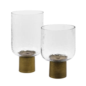 LARGE CLEAR GLASS CANDLE VOTIVE WITH RIBBED BRASS BASE