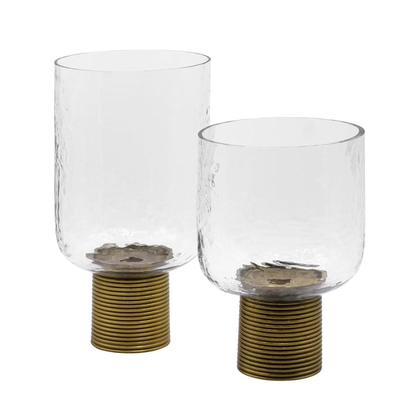 LARGE CLEAR GLASS CANDLE VOTIVE WITH RIBBED BRASS BASE
