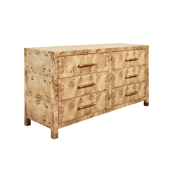 SIX DRAWER CHEST WITH RATTAN WRAPPED HANDLES IN BURL WOOD