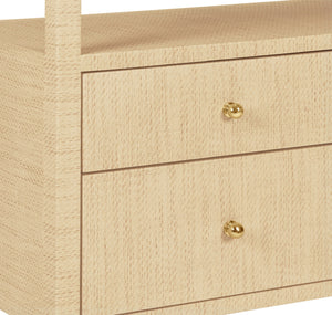 SIX DRAWER CONSOLE WITH OPEN SHELF IN NATURAL GRASSCLOTH WITH POLISHED BRASS KNOBS