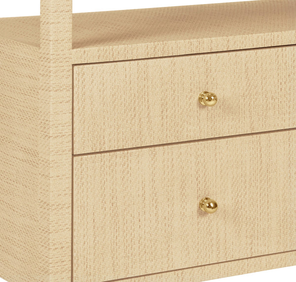 SIX DRAWER CONSOLE WITH OPEN SHELF IN NATURAL GRASSCLOTH WITH POLISHED BRASS KNOBS