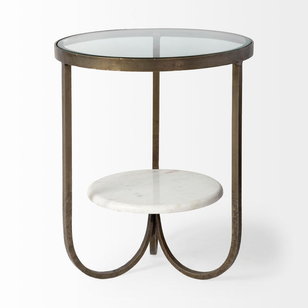Reinhardt II 20" Round Glass Top Metal and Marble Detail End/Side Table