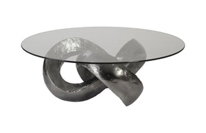 Trifoil Coffee Table, Liquid Silver w/Glass