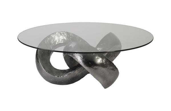 Trifoil Coffee Table, Liquid Silver w/Glass