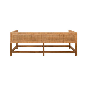 CANE BENCH WITH LOW SEAT BACK AND IVORY LINEN CUSHION