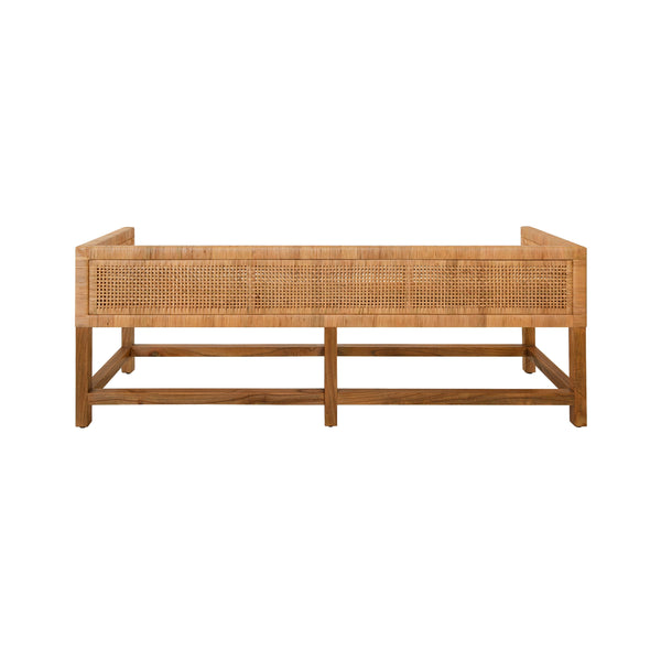 CANE BENCH WITH LOW SEAT BACK AND IVORY LINEN CUSHION