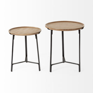 Helios III 20L x 24H Set of Two Round Brown Solid Wood Iron Base Nesting End/Side Tables