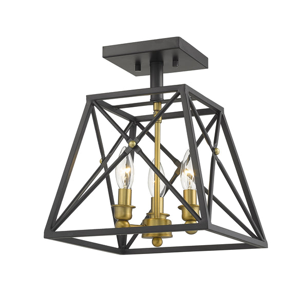 Trestle 3 Light Semi Flush Mount in Matte Black + Olde Brass Finish