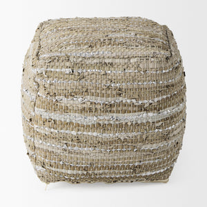 Aadhya 16.0L x 16.0W x 16.0H Taupe/Silver Leather and Cotton Pouf
