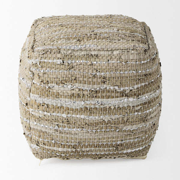 Aadhya 16.0L x 16.0W x 16.0H Taupe/Silver Leather and Cotton Pouf