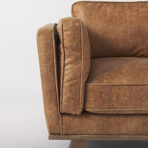 Brooks 41.7L x 34.8W x 33.5H Cognac Brown Faux Leather Chair W/ Medium Brown Wooden Legs