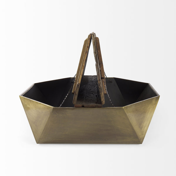 Esagono Octagonal Gold Metal-Clad Reclaimed Wood Coffee Table w/ Storage