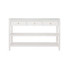 THREE DRAWER CONSOLE WITH TWO OPEN SHELVES IN WHITE TEXTURED LINEN WITH POLISHED BRASS KNOBS
