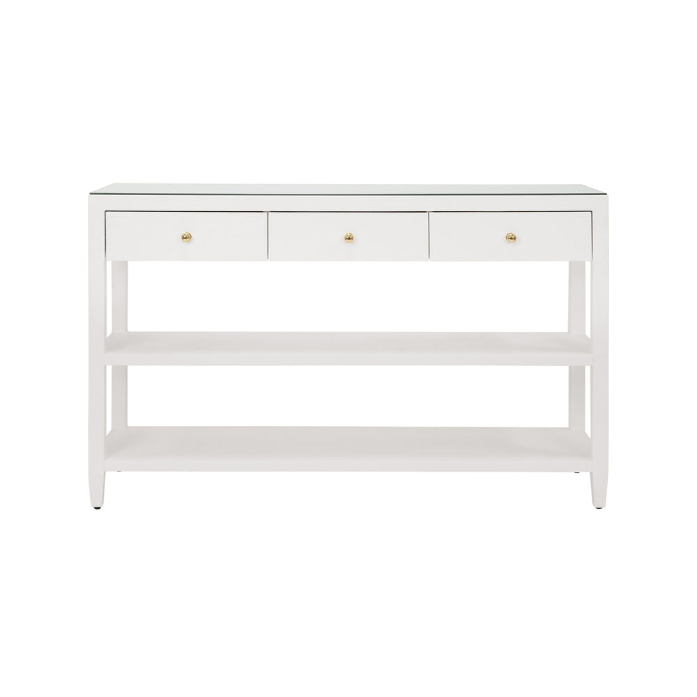 THREE DRAWER CONSOLE WITH TWO OPEN SHELVES IN WHITE TEXTURED LINEN WITH POLISHED BRASS KNOBS