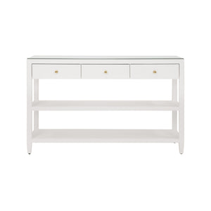 THREE DRAWER CONSOLE WITH TWO OPEN SHELVES IN WHITE TEXTURED LINEN WITH POLISHED BRASS KNOBS