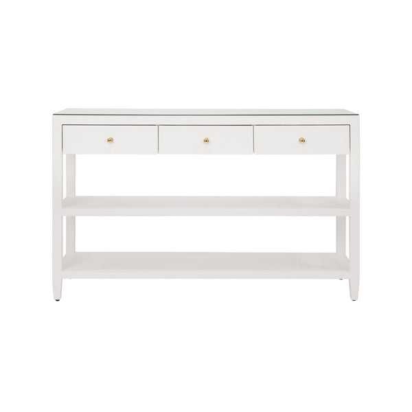 THREE DRAWER CONSOLE WITH TWO OPEN SHELVES IN WHITE TEXTURED LINEN WITH POLISHED BRASS KNOBS