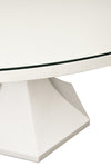 ROUND DINING TABLE WITH HEXAGONAL TAPERED BASE IN WHITE TEXTURED LINEN