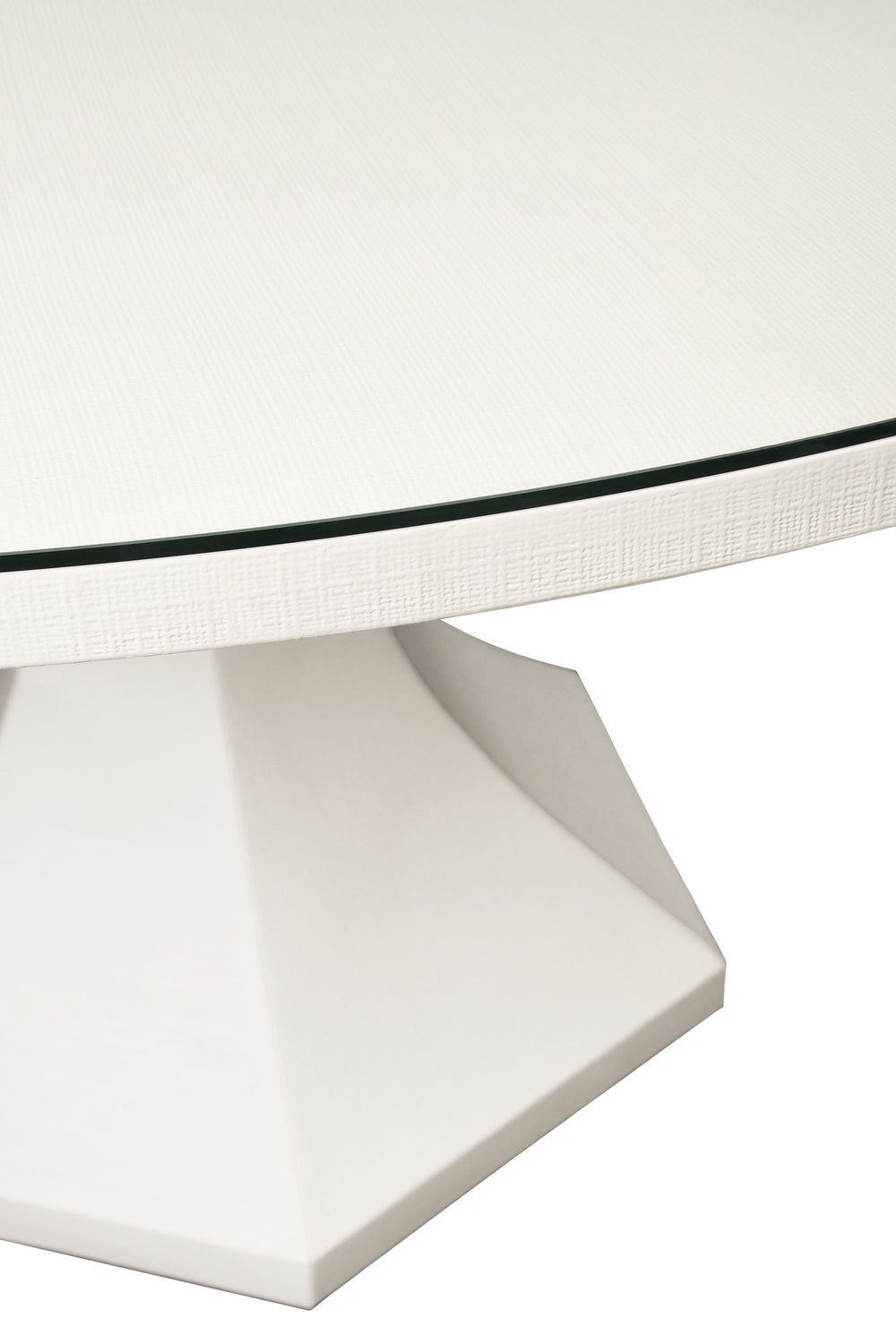 ROUND DINING TABLE WITH HEXAGONAL TAPERED BASE IN WHITE TEXTURED LINEN