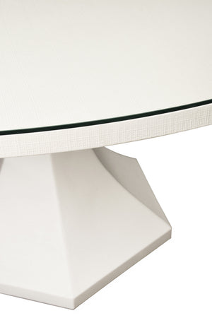 ROUND DINING TABLE WITH HEXAGONAL TAPERED BASE IN WHITE TEXTURED LINEN