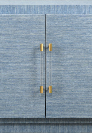 FOUR DOOR WRAP AROUND MODERN BUFFET WITH BRASS FLUTED HANDLES IN DYED BLUE GRASSCLOTH