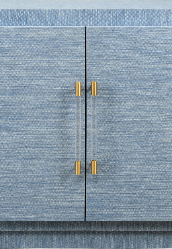 FOUR DOOR WRAP AROUND MODERN BUFFET WITH BRASS FLUTED HANDLES IN DYED BLUE GRASSCLOTH