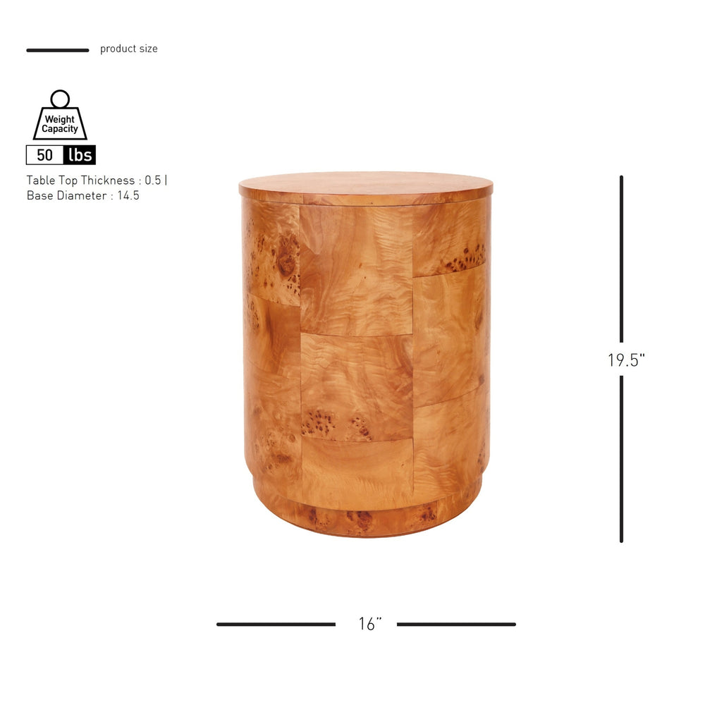 Arsenio Burl Wood Round Side/End Table, Golden Brown Burl