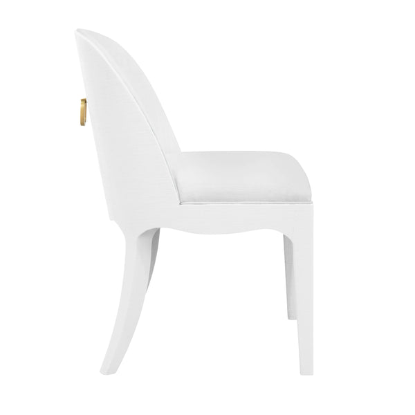 CURVED DINING CHAIR WITH SATIN BRASS RING HARDWARE ON BACK IN PERFORMANCE WHITE LINEN UPHOLSTERY AND TEXTURED WHITE LINEN FRAME
