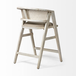 Tabitha 26.75" Seat Height Beige Fabric/Rattan Seat Blonde Wood Frame Counter Stool
