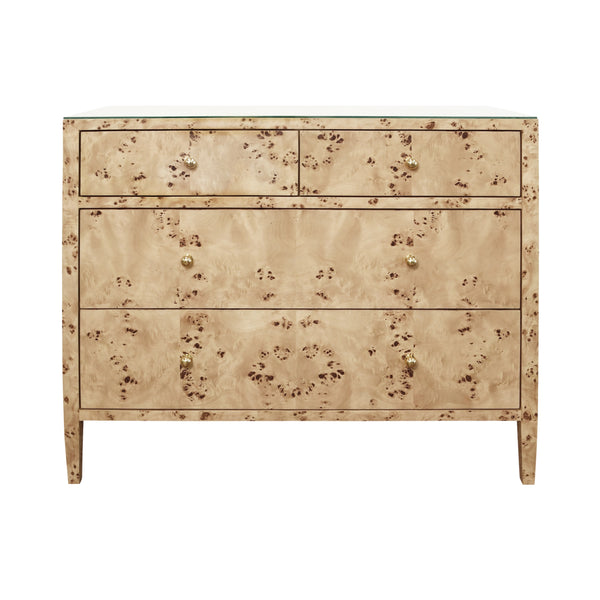 FOUR DRAWER CHEST IN BURL WOOD WITH GLASS TOP