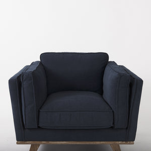 Brooks 41.7L x 34.8W x 33.5H Navy Blue Fabric Chair W/ Medium Brown Wooden Legs