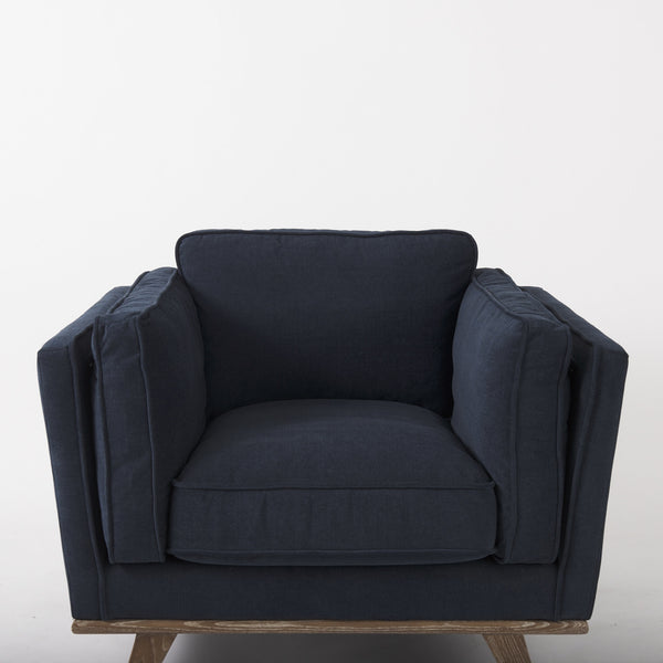 Brooks 41.7L x 34.8W x 33.5H Navy Blue Fabric Chair W/ Medium Brown Wooden Legs
