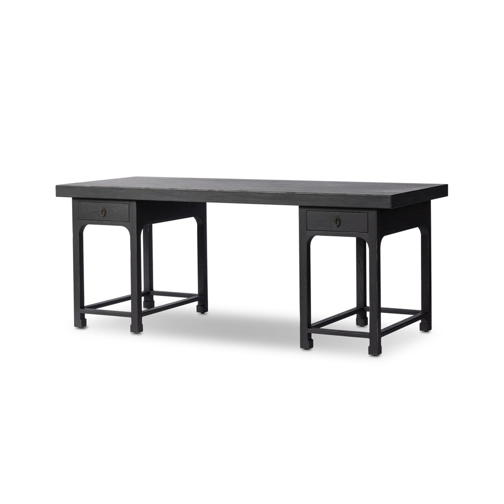Avedon Desk In Aged Black Oak And Aged Black Oak Veneer And Brass Patina