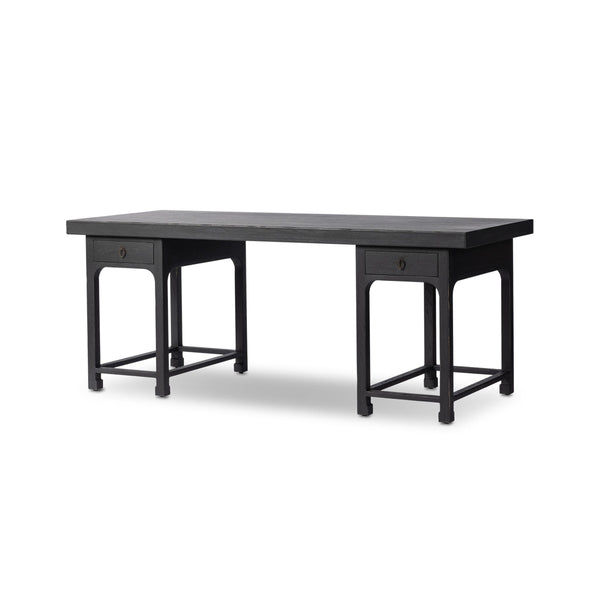 Avedon Desk In Aged Black Oak And Aged Black Oak Veneer And Brass Patina