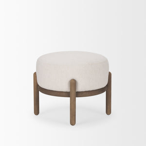 Gwynn Oatmeal Fabric w/ Dark Brown Wood Pouf