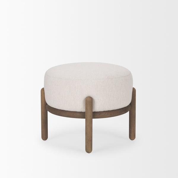 Gwynn Oatmeal Fabric w/ Dark Brown Wood Pouf