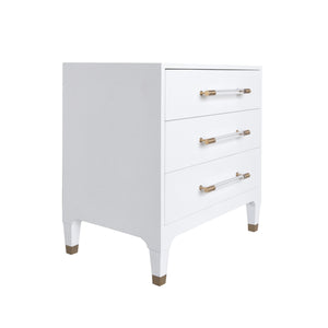 THREE DRAWER SIDE TABLE IN TEXTURED WHITE LINEN WITH ANTIQUE BRASS AND ACRYLIC HARDWARE