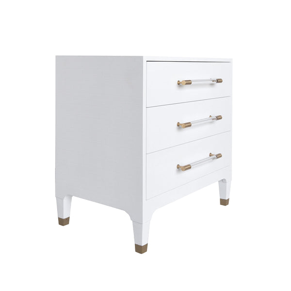 THREE DRAWER SIDE TABLE IN TEXTURED WHITE LINEN WITH ANTIQUE BRASS AND ACRYLIC HARDWARE