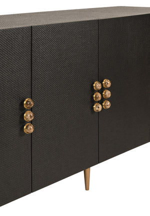 FOUR DOOR BUFFET WITH CURVED BOTTOM CORNERS AND STONE HARDWARE IN BLACK PAINTED GRASSCLOTH