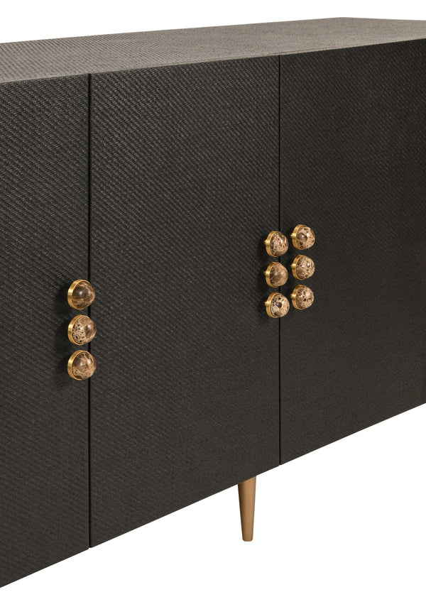 FOUR DOOR BUFFET WITH CURVED BOTTOM CORNERS AND STONE HARDWARE IN BLACK PAINTED GRASSCLOTH