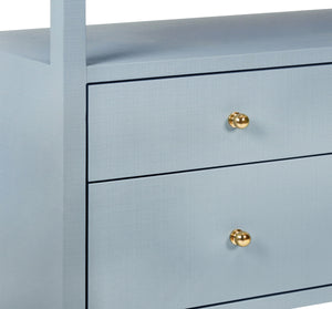 SIX DRAWER CONSOLE WITH OPEN SHELF IN TEXTURED LIGHT BLUE LINEN WITH POLISHED BRASS KNOBS