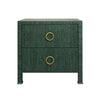 TWO DRAWER SIDE TABLE WITH ANTIQUE BRASS CIRCLE HARDWARE IN DYED GREEN GRASSCLOTH