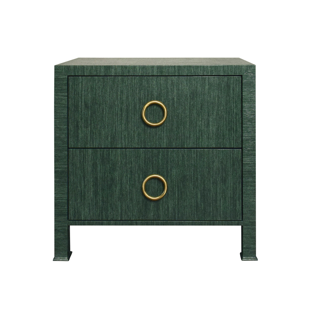TWO DRAWER SIDE TABLE WITH ANTIQUE BRASS CIRCLE HARDWARE IN DYED GREEN GRASSCLOTH