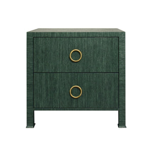 TWO DRAWER SIDE TABLE WITH ANTIQUE BRASS CIRCLE HARDWARE IN DYED GREEN GRASSCLOTH